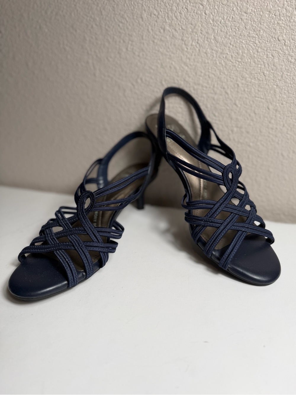 Impo~Stretch~Navy~Textile~Kitten Heel~Memory Foam Insole~Sandal~Heel~Size 8.5